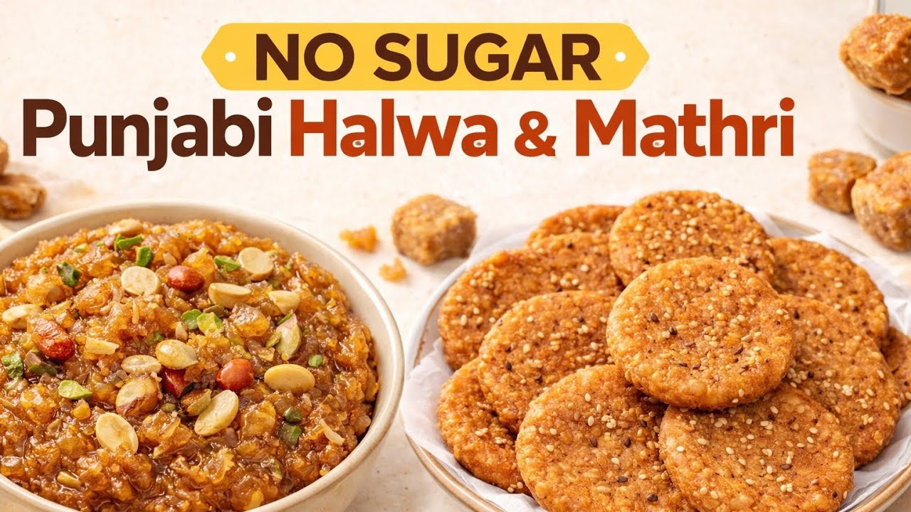 No Sugar Punjabi Halwa & Mathri | Gur ki Mathri recipe/ Healthy Jaggery Sweets at Home