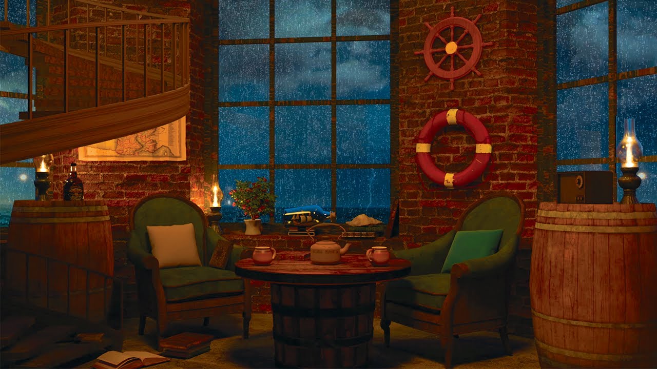 Cozy Lighthouse Interior Ambience: Nighttime Heavy Rain & Thunder Sounds for Rest & Relaxation