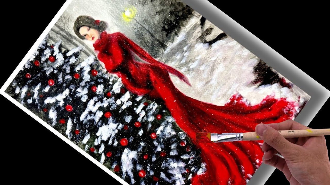 Acrylic painting tutorial : Elegant cristmas girl in the snow | stepe by step🎨
