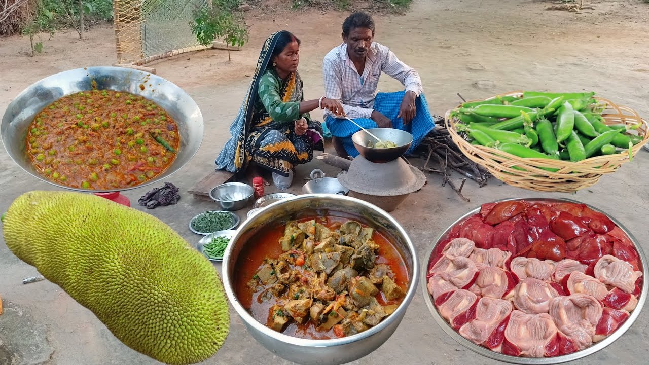 how to cook chicken GIZZARD and LIVER with JACKFRUIT curry and MATAR MASALA recipe by tribal family