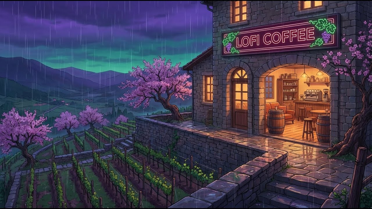 Neon Lofi Coffee Above the Sakura Valley in the Rain ☔🌸 Lofi Hip Hop Beats for Focus, Study, Relax