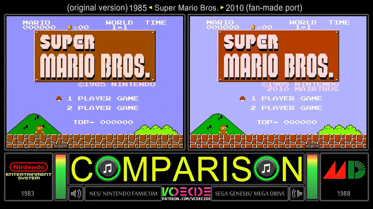 Super Mario Bros (NES vs Sega Genesis) Side by Side Comparison - Dual Longplay