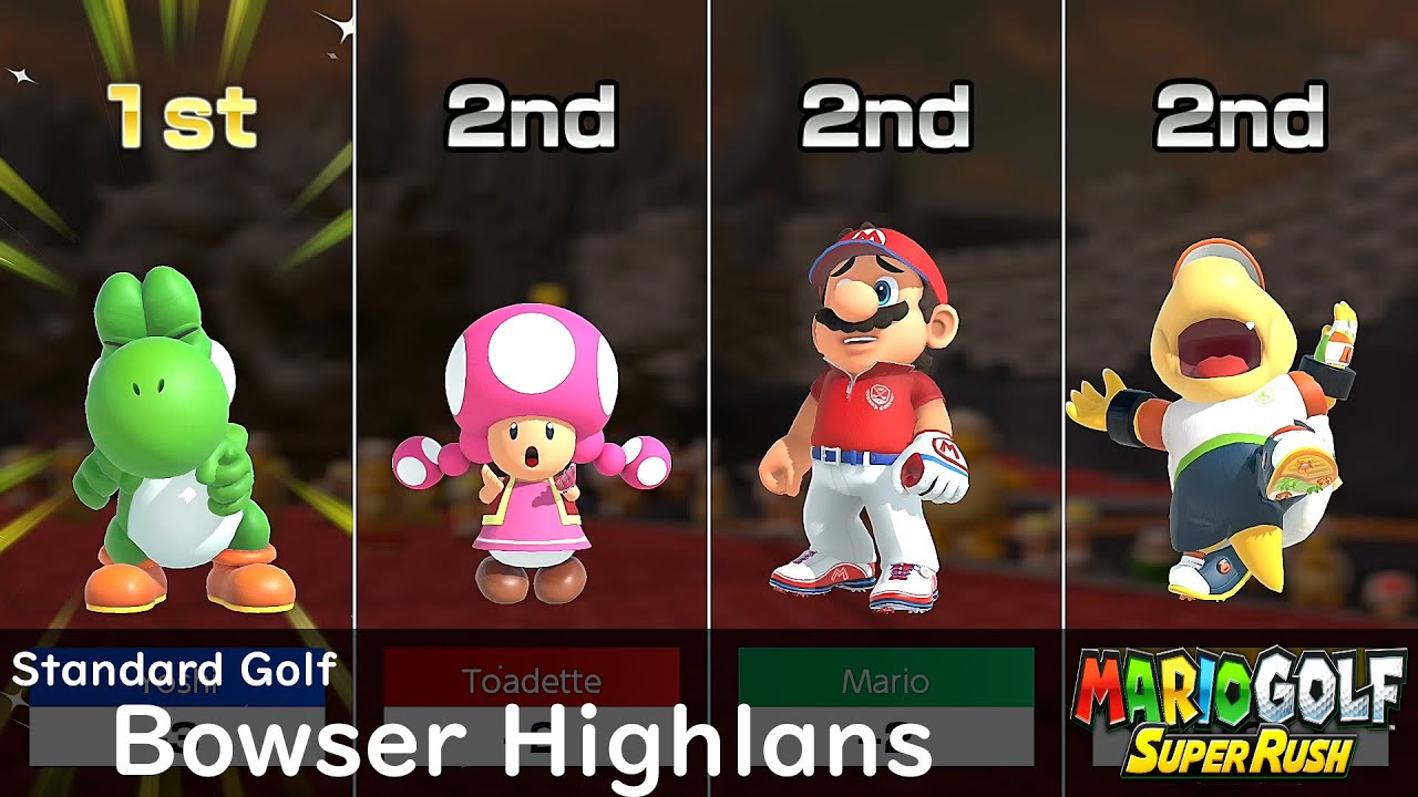 Mario Golf Super Rush Yoshi vs Toadettevs Mario vs Bowser Jr in Bowser Highlans
