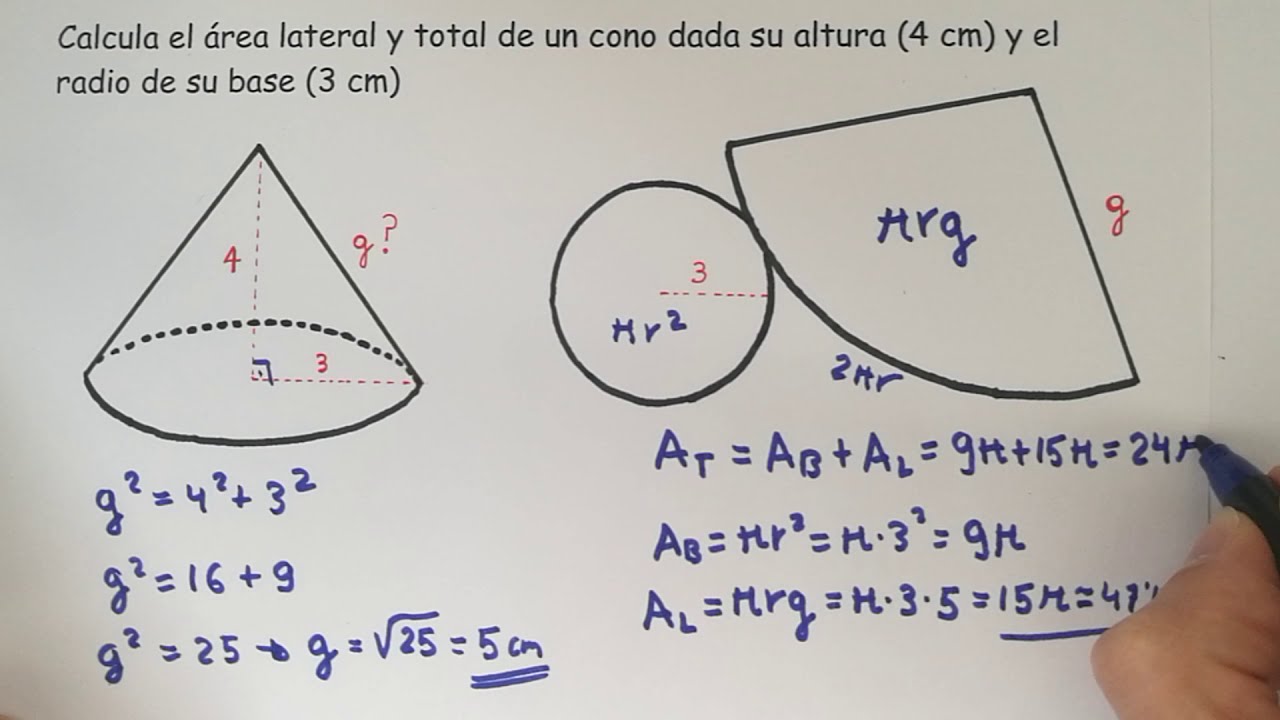 Área lateral y total de un Cono (dada su altura y el radio de la base)