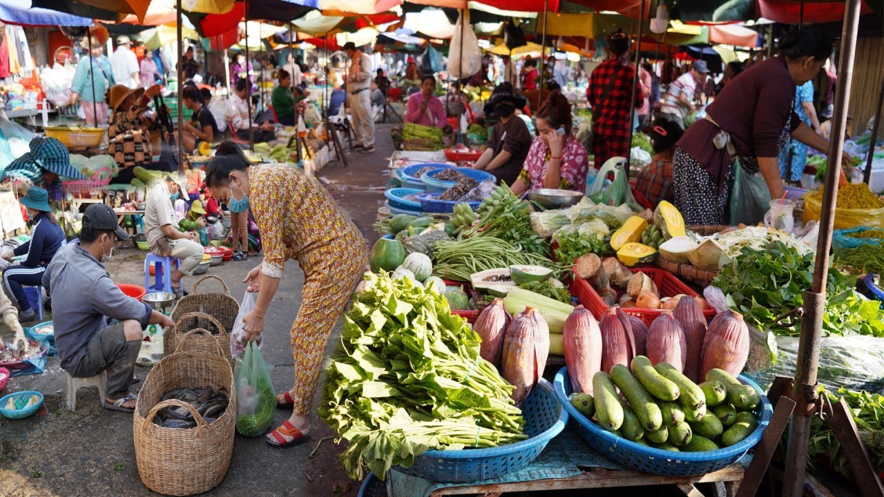Chbar Ampov Vegetable Market Tours - Rural Fish, Chicken, Head of Pigs, Fresh Vegetable & More Food