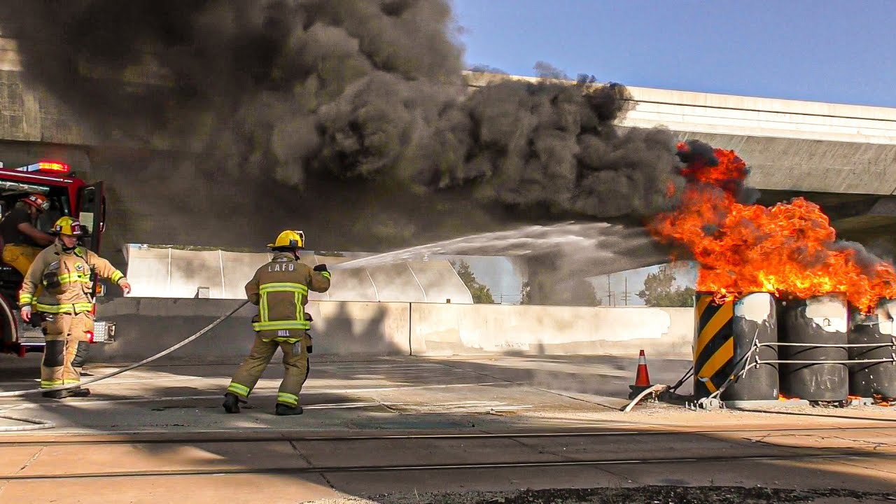 LAFD Engine 15: Impact Attenuator Barrels on Fire