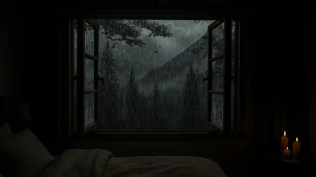 Heavy Thunderstorm Sounds | Strong Rain on Dark Window | Ambience for Sleeping | HD Nature Video