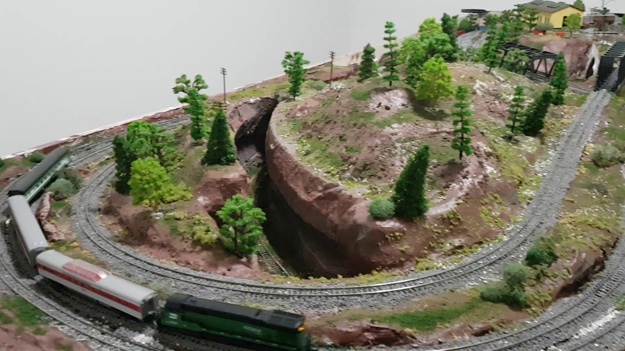 3x8 N scale layout. Can run 3 trains at the same time