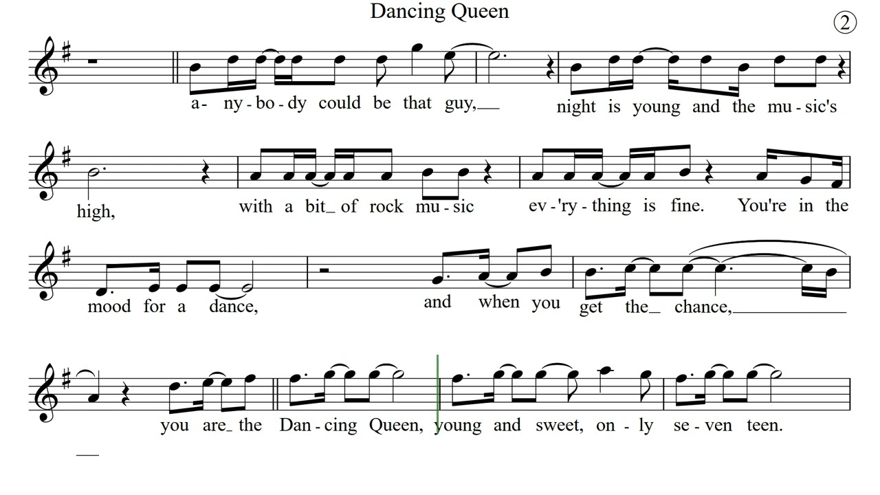 DANCING QUEEN for flute or violin Sheet Music Play Along Backing Track Lyrics
