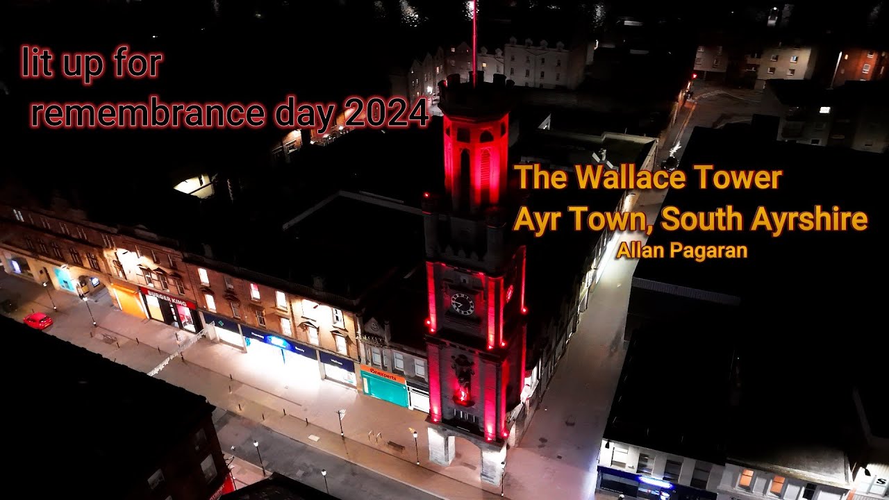 lit up for remembrance day 2024, The Wallace Tower, Ayr Town, South Ayrshire.