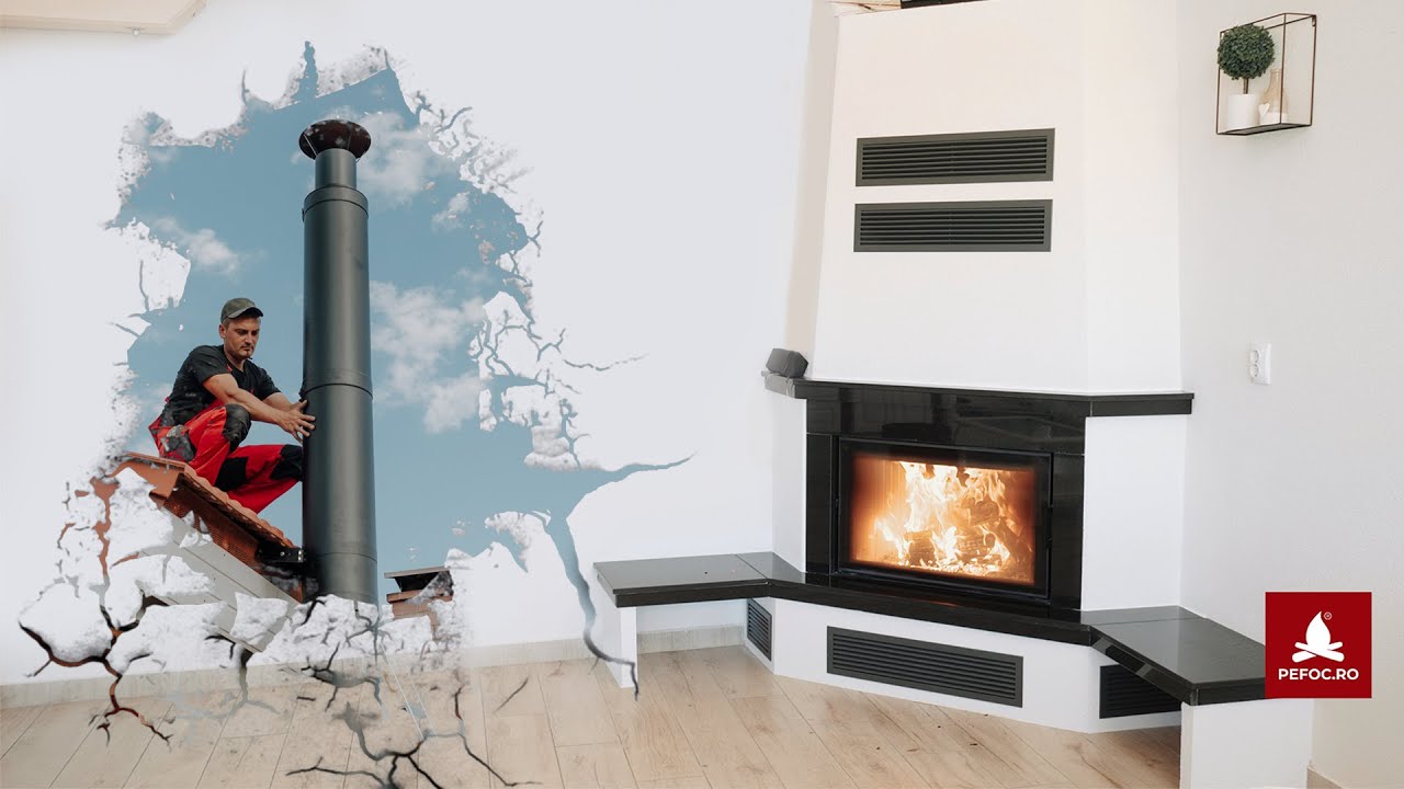 Montare semineu pe lemne cu design simplist & cos de fum din inox negru in Constanta!