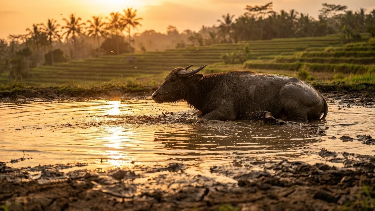 Water Buffalo in Asian Countryside | Nature Sounds (No Music) | Grazing & Wallowing Ambience