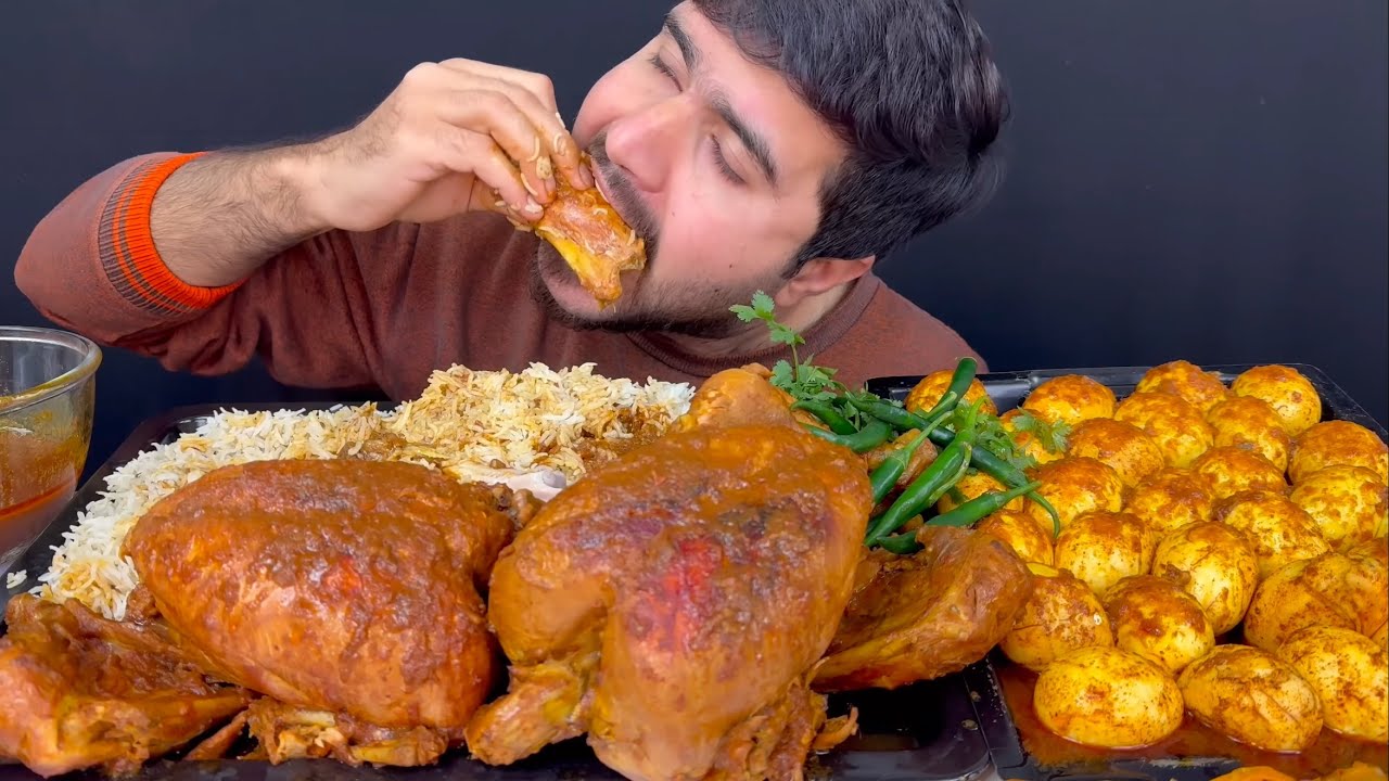 ASMR; Eating 2 Spicy Whole Chicken Curry+Spicy Eggs Curry+Rice+Green Chilli || Real Mukbang