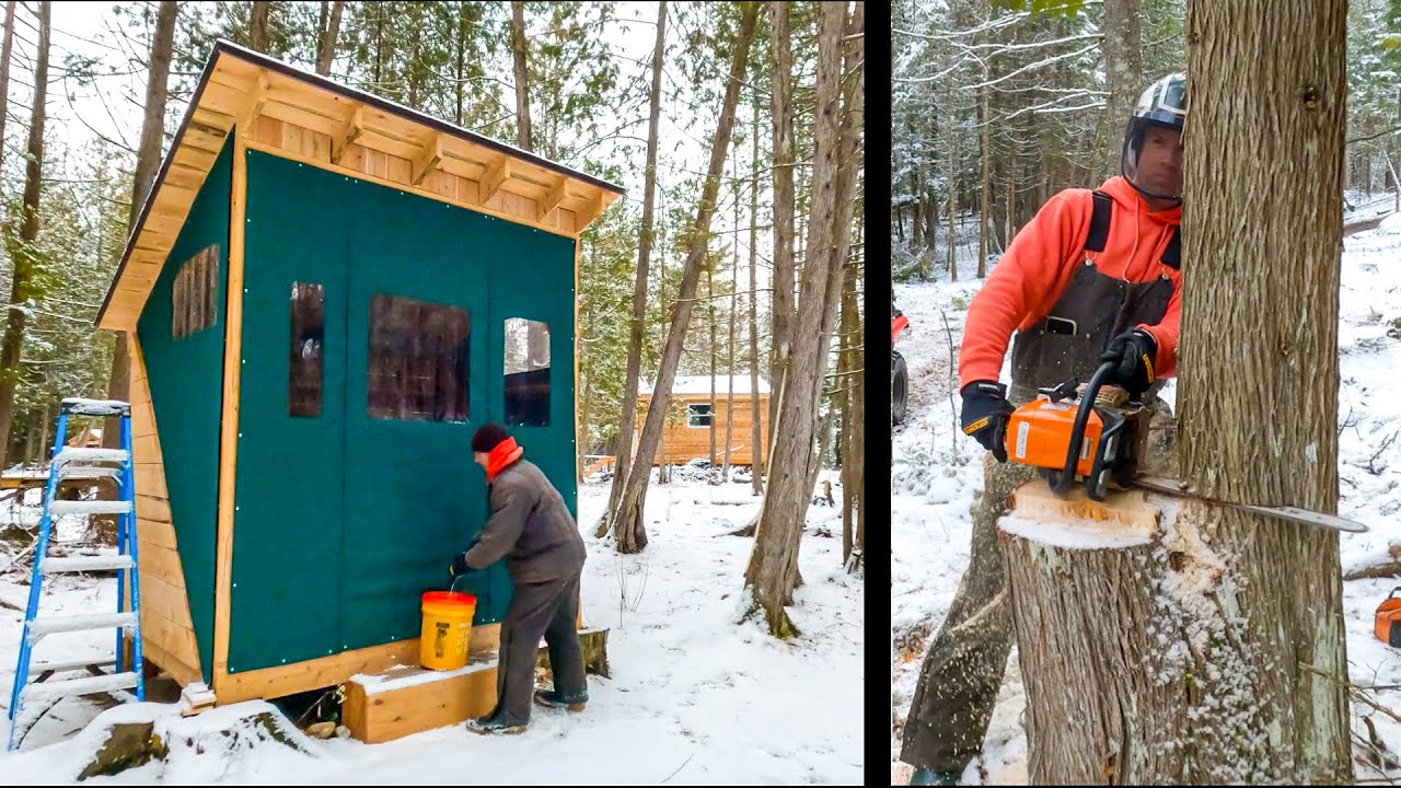My First HEATED Shower! +Felling Cedars to Finish Cabin. #118