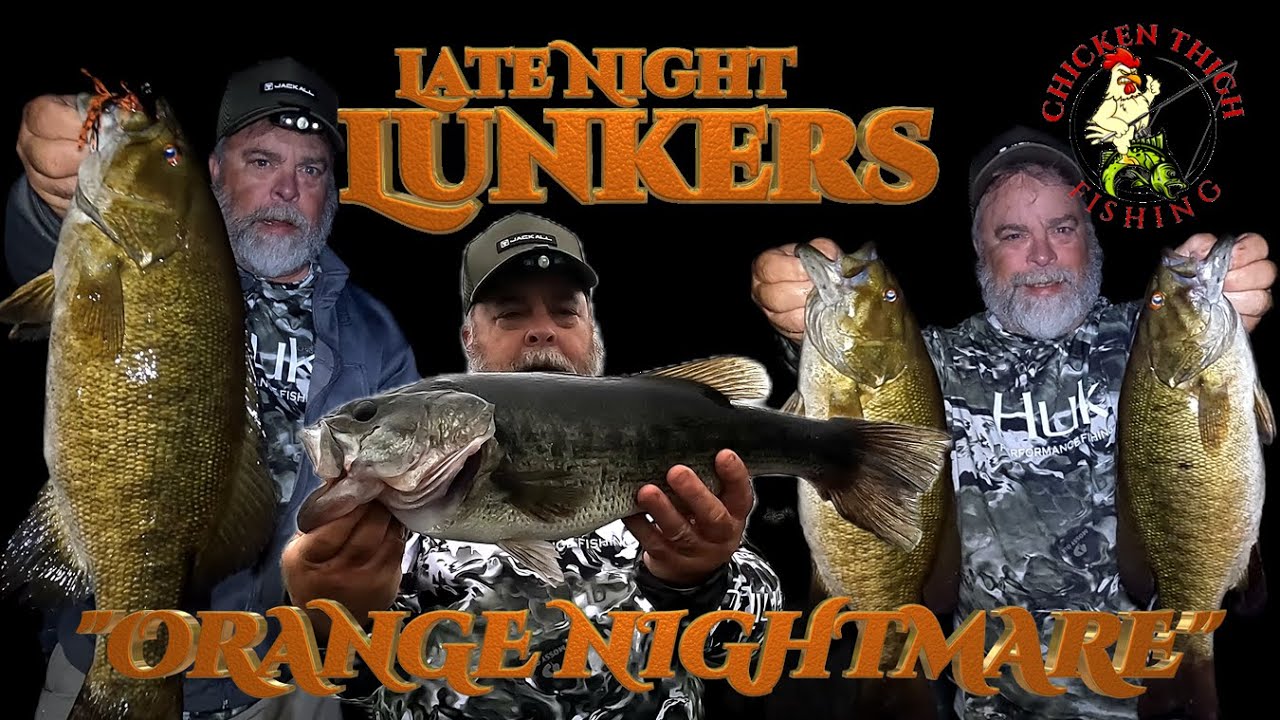 Bass Fishing at Night. Big Largemouth and Smallmouth Bass on Orange Chatterbaits and Spinnerbaits