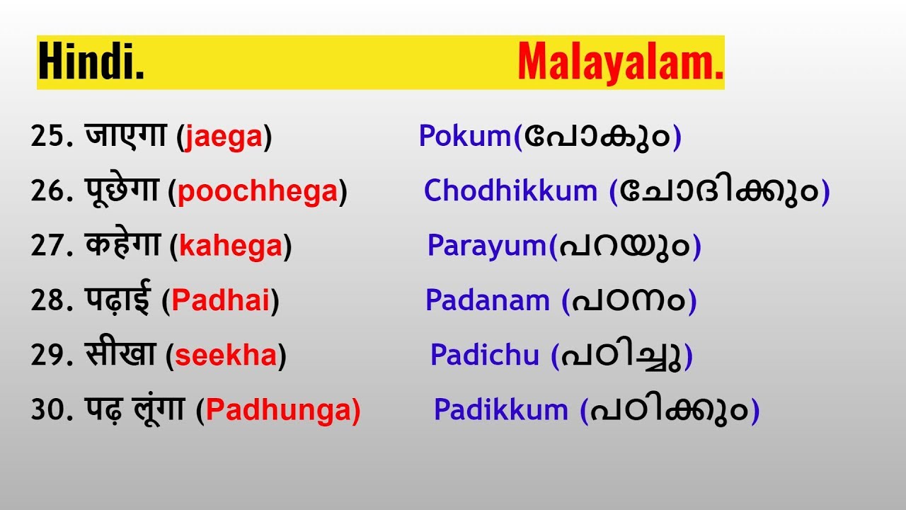 100  Useful and Easy Words in Malayalam and  Hindi.