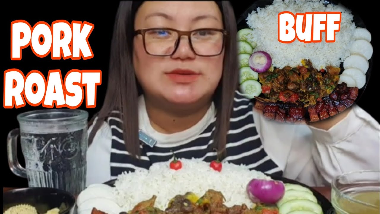 EATING RICE, DAAL WITH BUFF CURRY, PORK ROAST AND SOME SALAD AND CHIPS || NEPALI KHANA ||