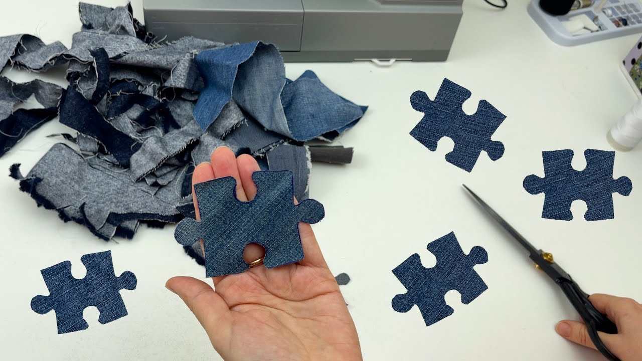 Schneiden Sie Jeansst&uuml;cke in Form von Puzzleteilen aus und n&auml;hen Sie sie zusammen! Patchwork-Puzzle!