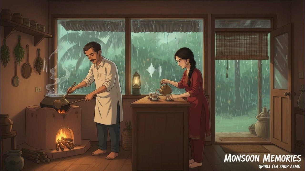Rainy Evening at a Village Tea Stall ☕🌧️ | Father & Daughter Monsoon ASMR | Ghibli Style Relaxation