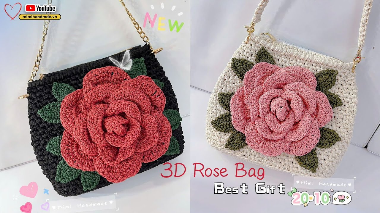 Móc Túi Hoa Hồng 3D Cánh Nở Nhiều Lá 🌹 Crochet 3D Rose Bag New | Quà Tặng Ý Nghĩa Cho Phái Đẹp