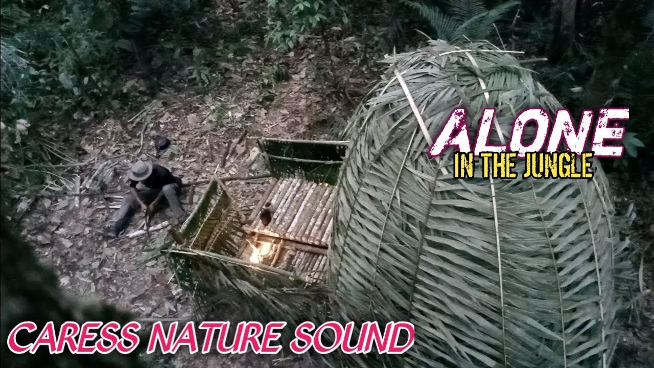 Bushcraft Alone, Heavy Rain Turns Nature Dark, Builds a Sturdy Shelter