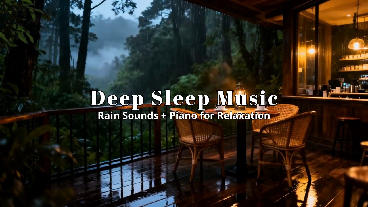 Relaxing Music with Rain Sounds & Piano on Forest Coffeehouse Veranda for Restful Sleep | Rain