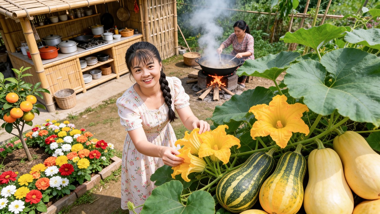 Harvesting Yellow Pumpkin Flowers & Gourds in My Garden | Cooking Braised Pork Belly in a Clay Pot