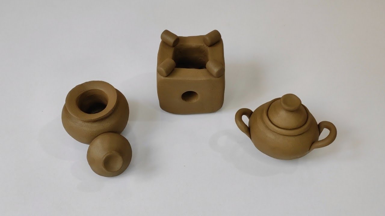 Primitive technique make handmade kitchen set with clay||Miniature clay cookware set||Kitchen tools