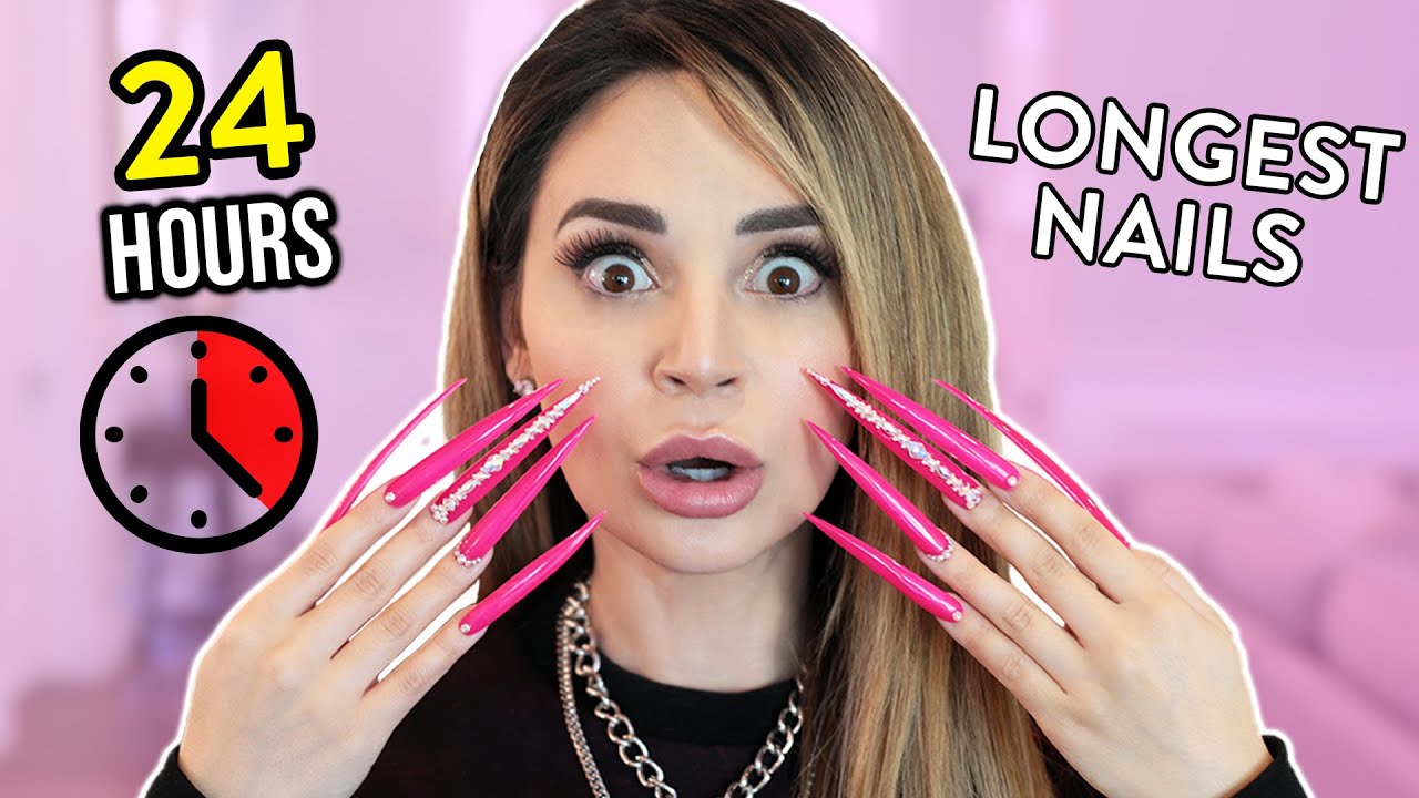 WEARING SUPER LONG ACRYLIC NAILS For 24 Hours Challenge!