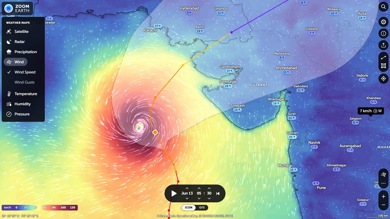 Cyclone Biparjoy Approaching Gujrat and Karachi Coast - LIVE Weather Map, Storm Tracker | Zoom Earth