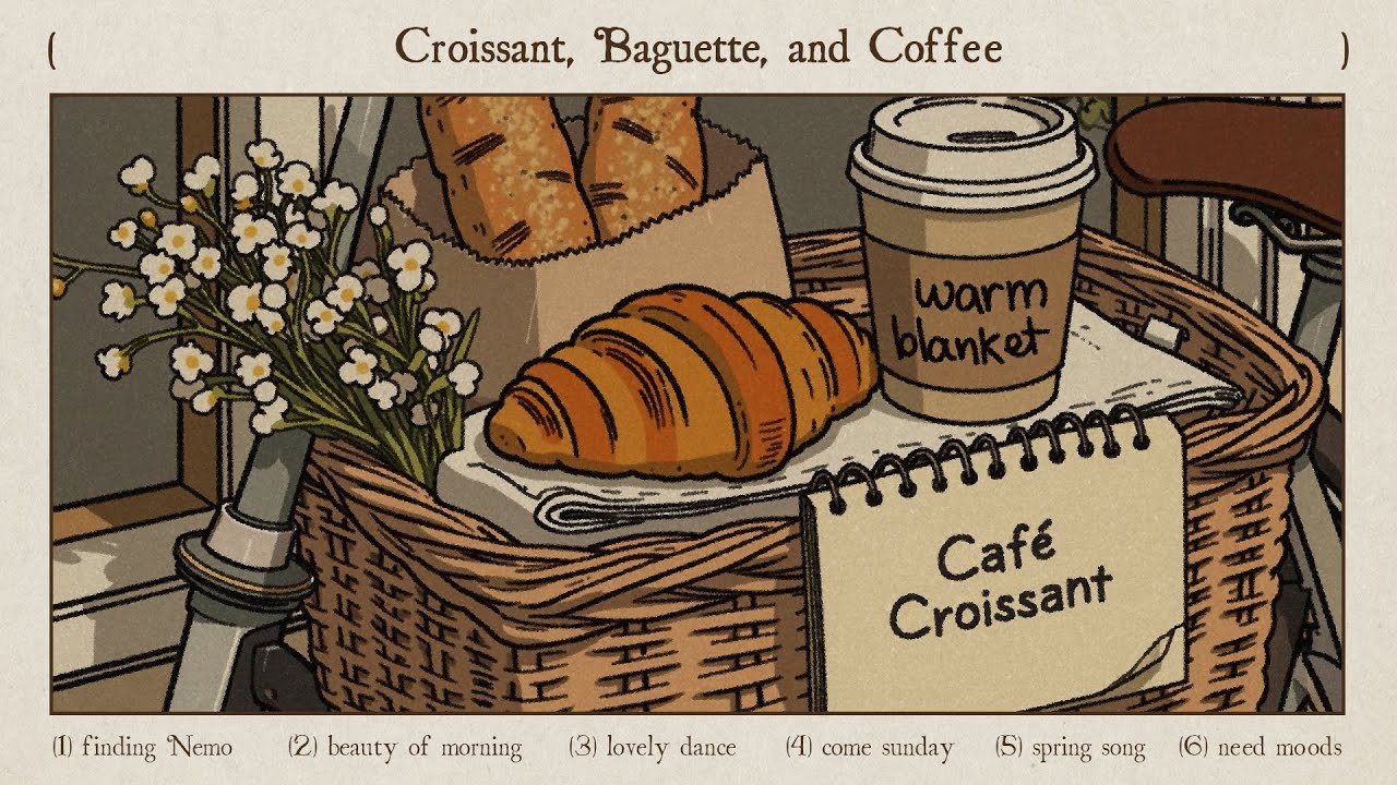 croissant, baguette, and coffee