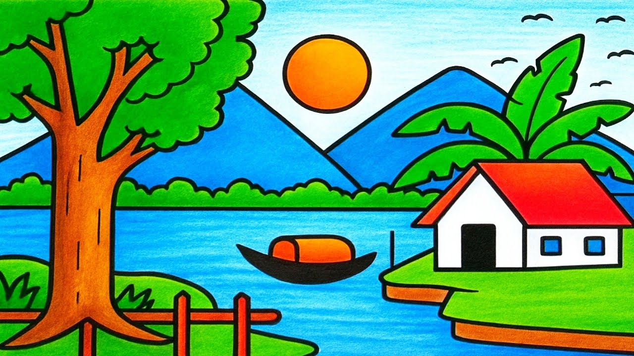 How to Draw Beautiful Village Scenery with House, River, Trees & Mountains | Easy Drawing Tutorial
