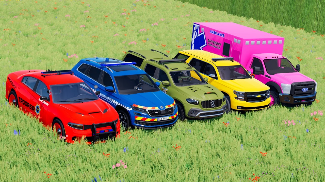 Dodge, Skoda, Mercedes Benz, GMC Tahoe, Ford Ambulance With Cars Transport of Man Trucks
