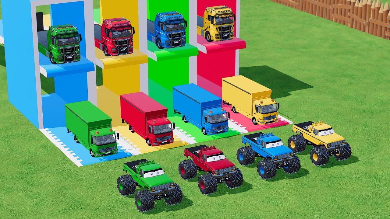 Garage with Colors - ALL MIXER TRUCK WITH DOUBLE FLATBED TRAILER TRUCK, MAN, BOX TRUCK, HINO - FS22