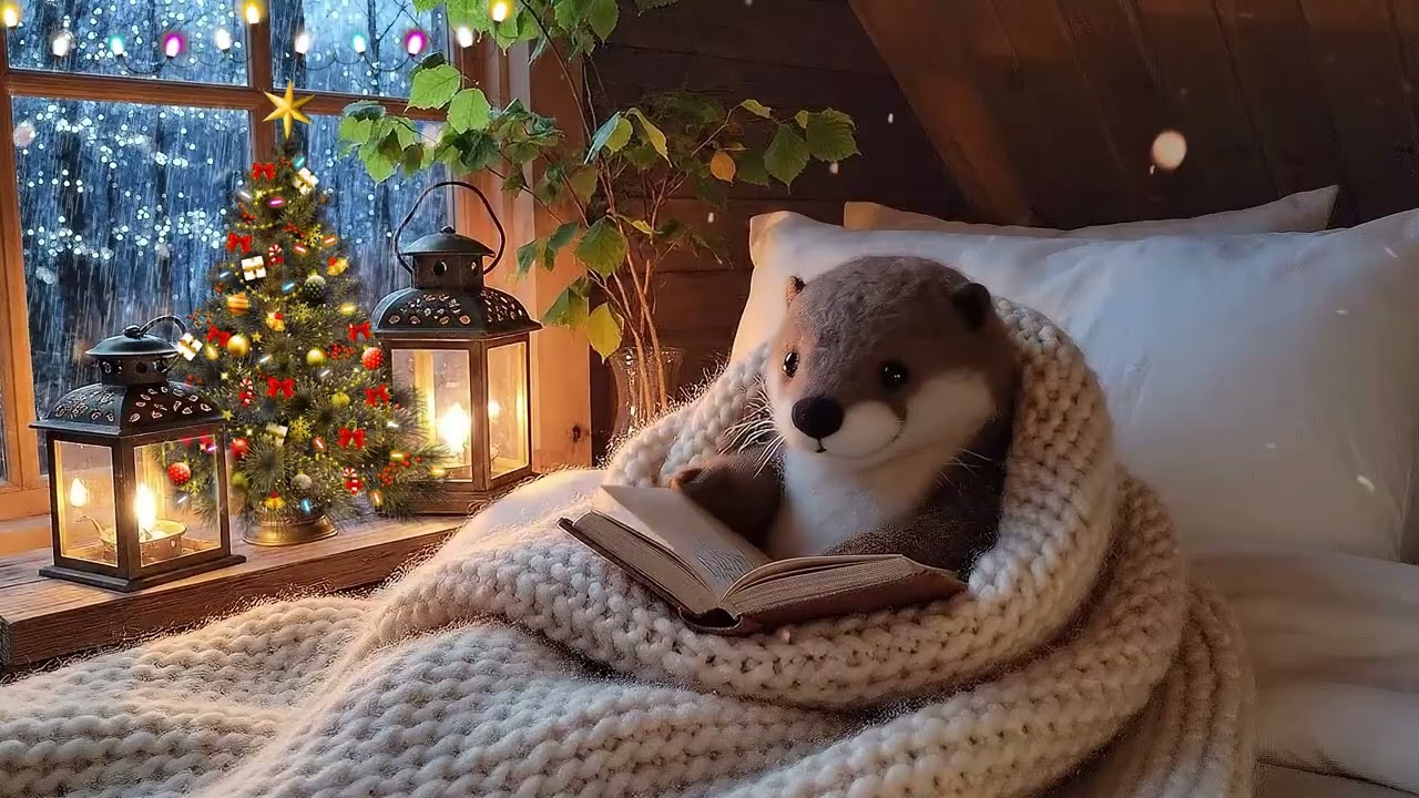 Otter's Cozy Christmas Bedroom 🎄 Peaceful Christmas Music & Gentle Rain Sound for Deep Sleep, Relax