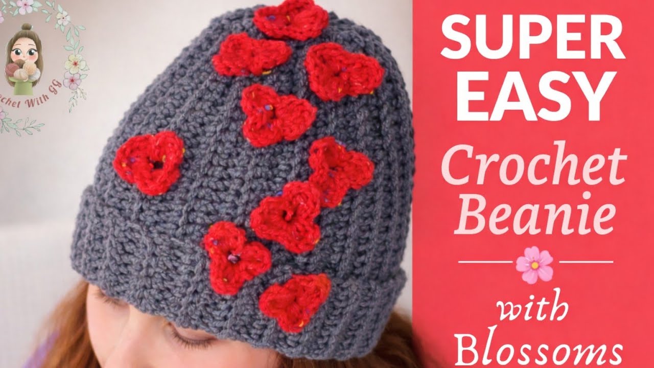 Super Easy Crochet Brim Beanie with Blossoms 🌸 Step by Step Tutorial