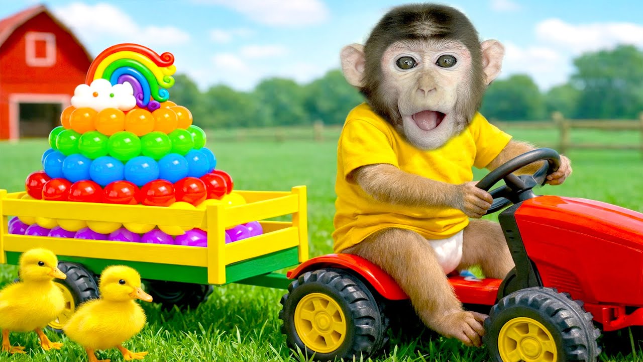 Mono Pepe conduce un tractor con patitos y un pastel arcoíris colorido - MONO PEPE ESP