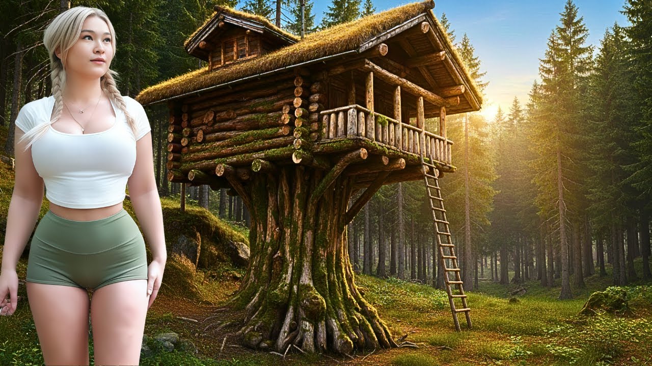 Build a Log Tree Cabin - Bushcraft Shelter in the Deep Forest