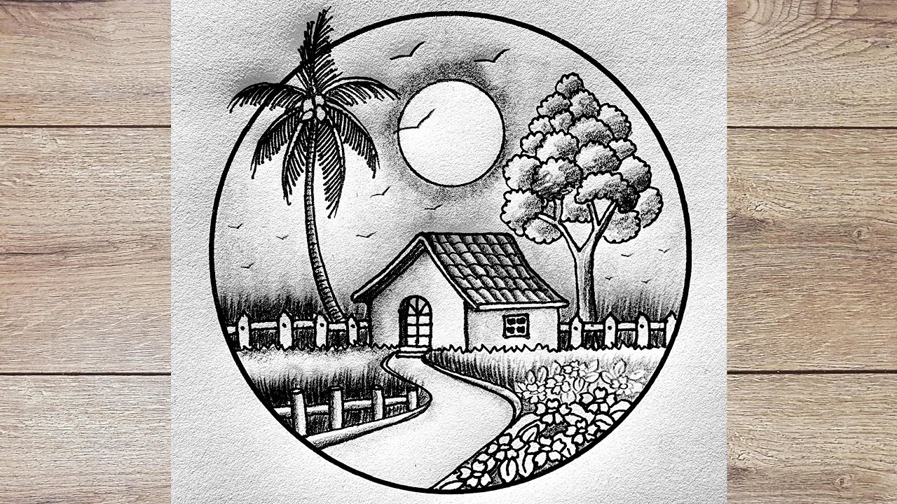 How to drawing winter morning scenery | Step by step winter scenery drawing by pen