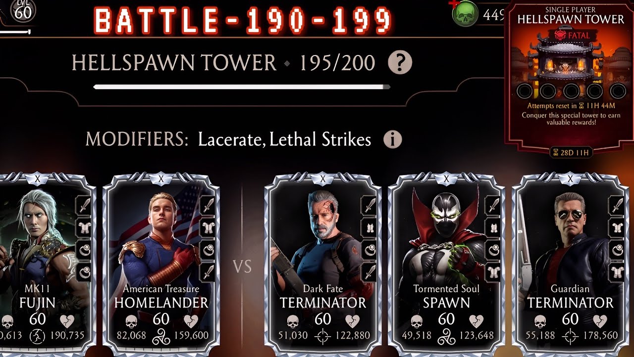 Fatal Hellspawn Tower Battle 190-199 Fight + Testing Homelander Multiple team synergies MK Mobile