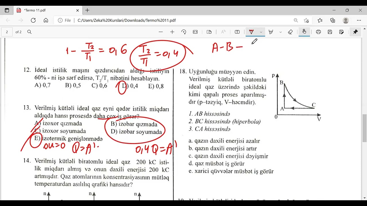 Termodinamikanın əsasları 20 sual. Termodinamikadan sınaq. Fizikadan qəbul sualları.