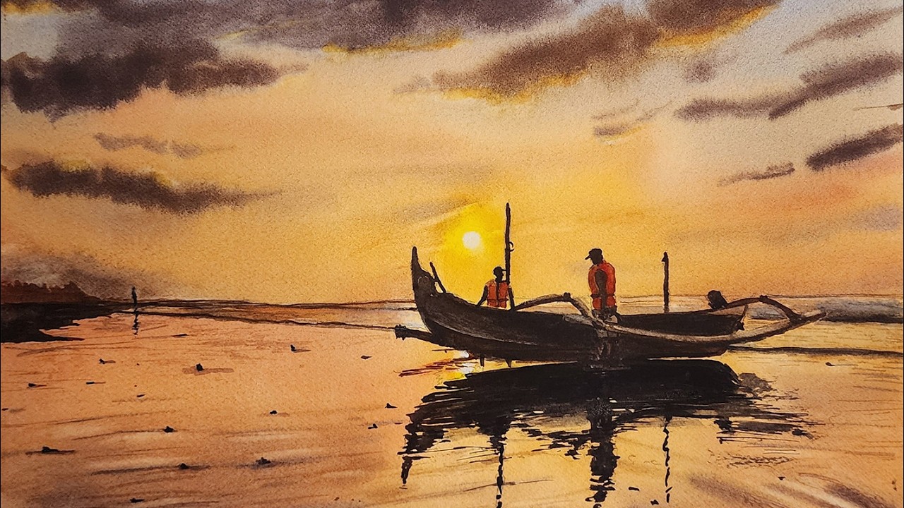 How to paint in watercolor: Sunrise, water & fishermen at sea.  With wet on wet technique.