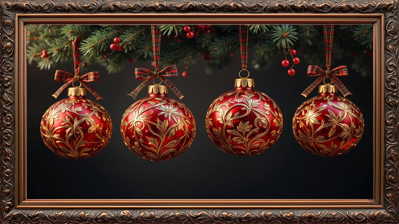 Luxury Christmas Ornaments in 4K | Elegant Red & Gold Holiday Decor | Framed TV Gallery