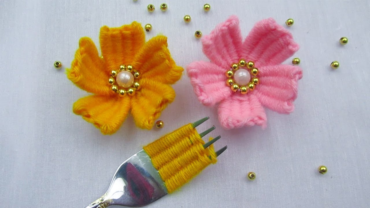 Hand Embroidery Flowers, Very Beautiful Flower Making Tricks, Amazing Flower Trick with Wool Thread