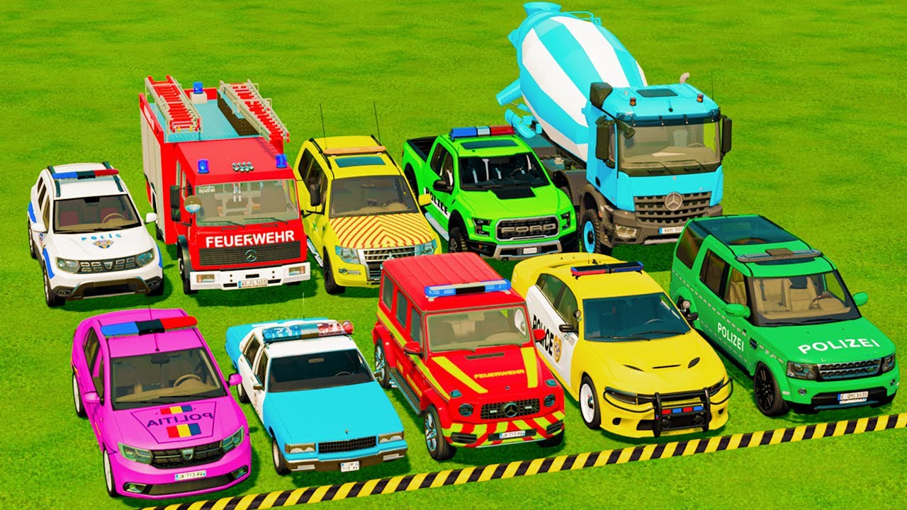 TRANSPORTING POLICE CARS, AMBULANCE, FIRE TRUCK, COLORFUL CARS WITH TRUCK -FARMING SIMULATOR 22!