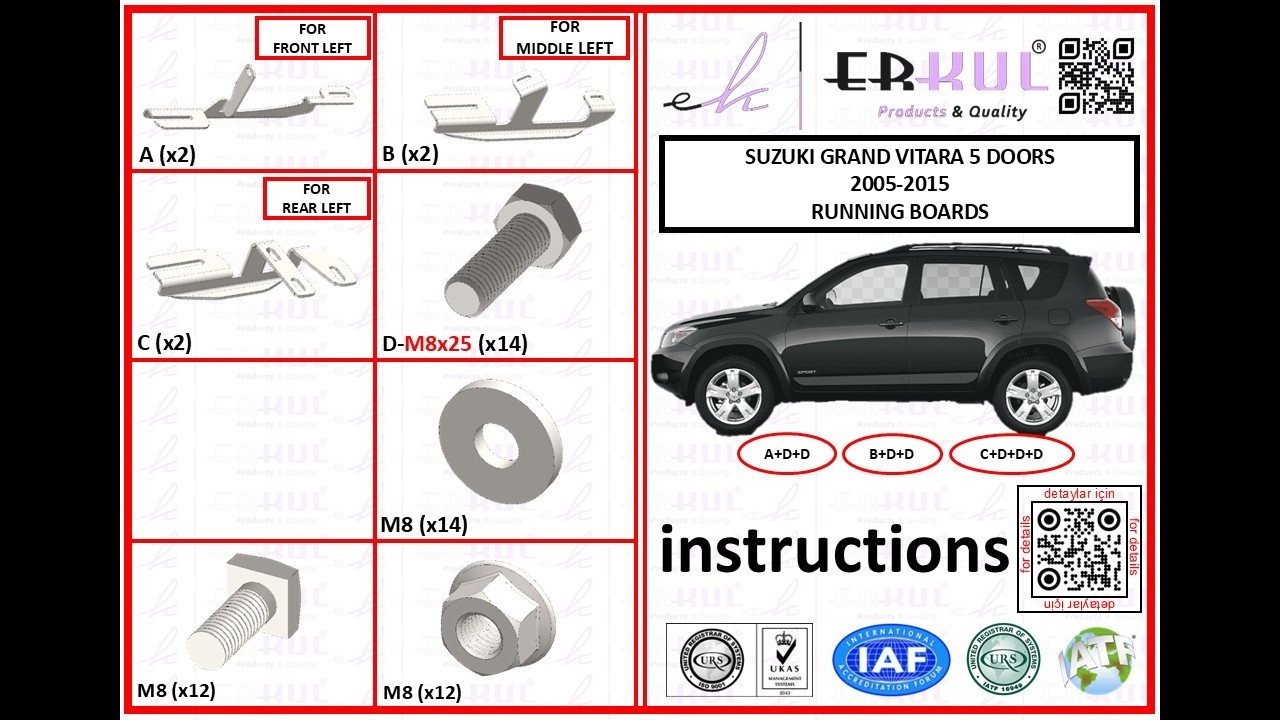 Suziki Grand Vitara 2005-2017 ( 5 Door / 5 Kapı )  running boards installation / yan basamak montajı