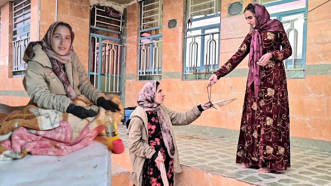 Pregnant Fatima works in the village to survive the winter