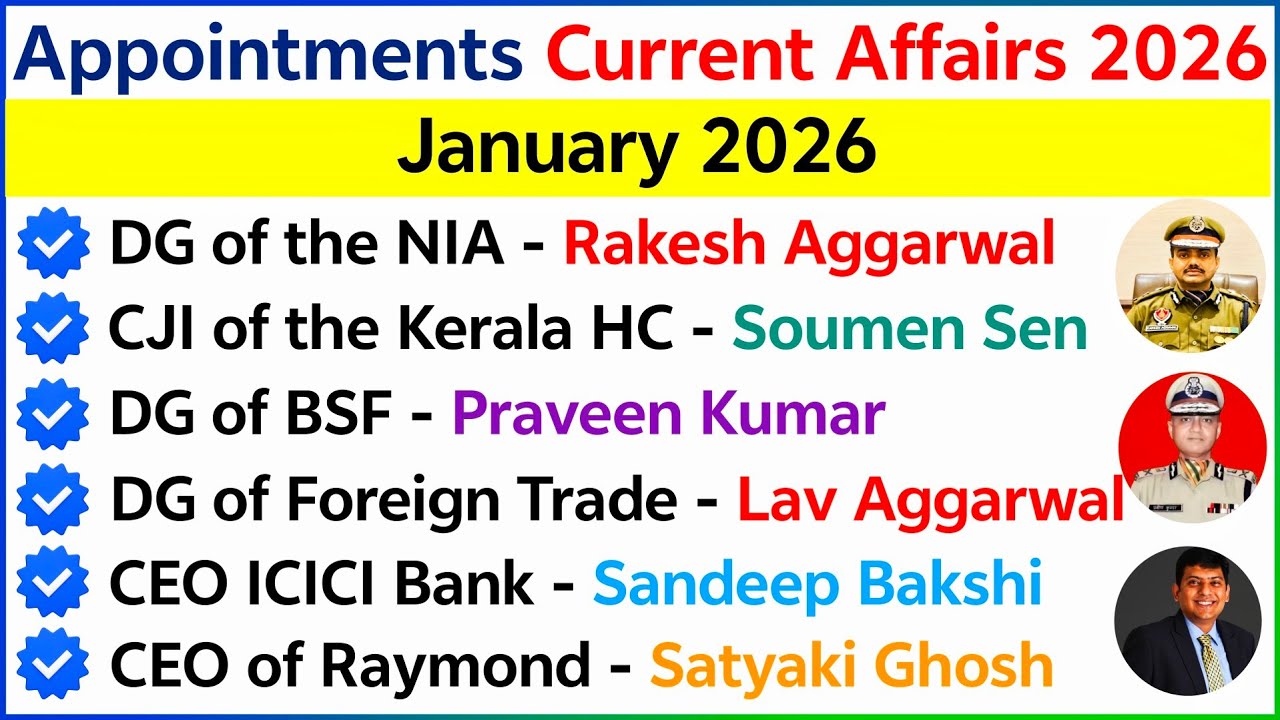 Appointments January 2026 | Appointments 2026 Current Affairs | New Appointments 2026 MCQ