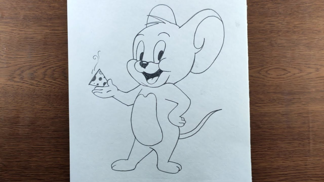 Smart jerry with cheese cake easy outline pencil drawing | tom and jerry cartoon art