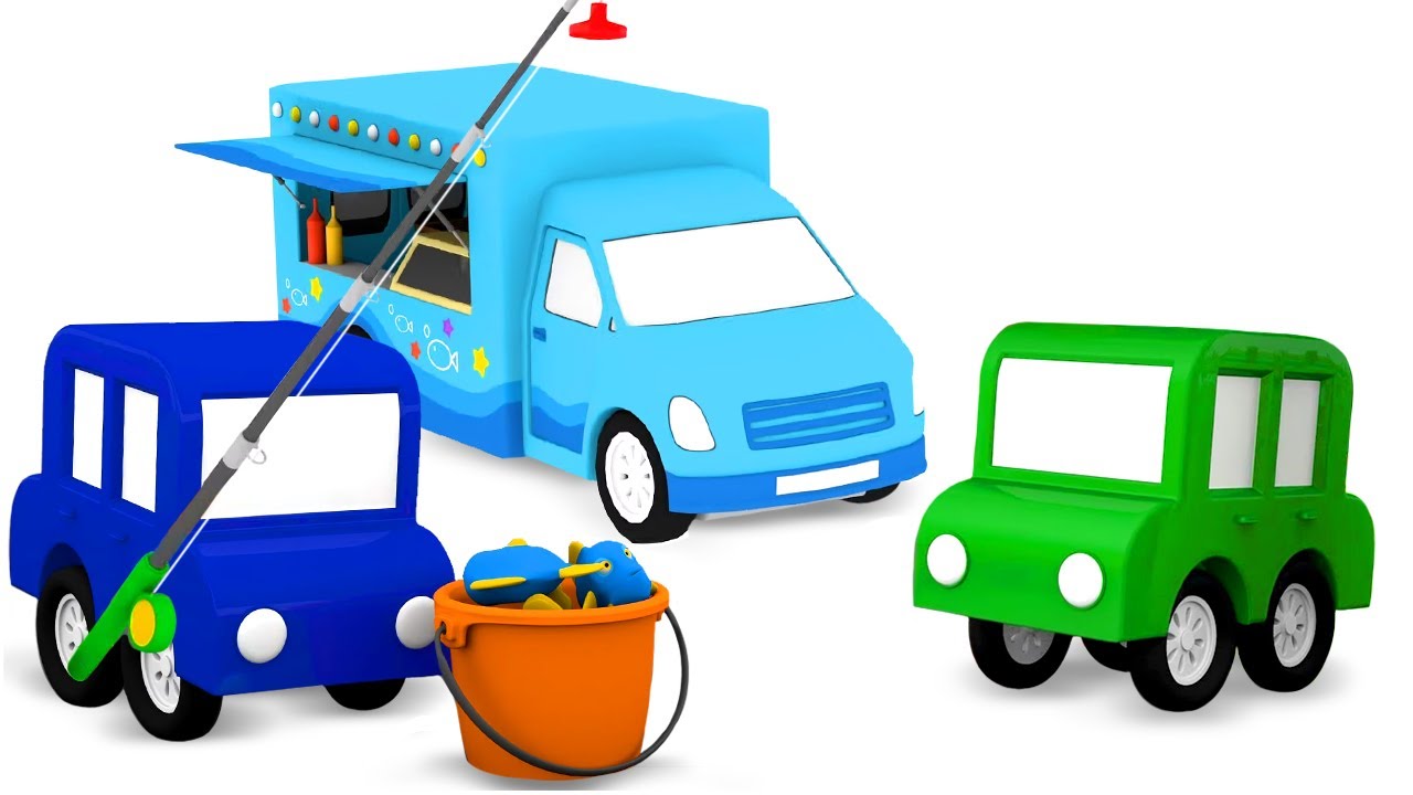 La camioneta de pescado. 4 coches coloreados. Dibujos animados para niños en español.